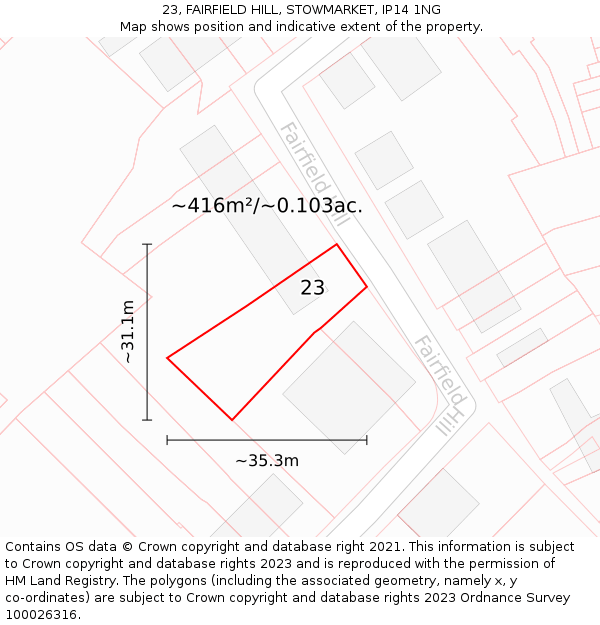 23, FAIRFIELD HILL, STOWMARKET, IP14 1NG: Plot and title map