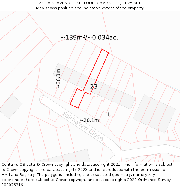 23, FAIRHAVEN CLOSE, LODE, CAMBRIDGE, CB25 9HH: Plot and title map