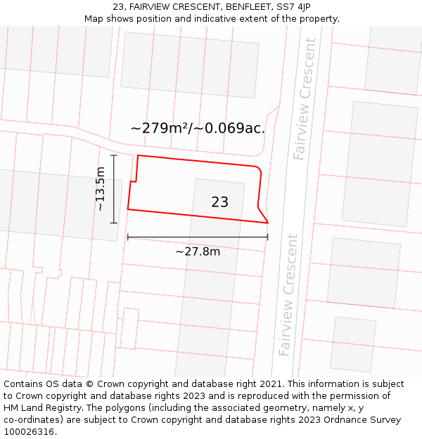 23, FAIRVIEW CRESCENT, BENFLEET, SS7 4JP: Plot and title map