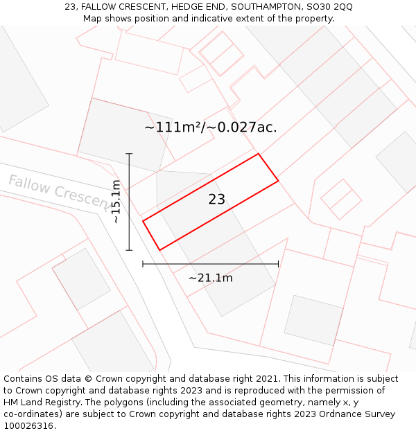23, FALLOW CRESCENT, HEDGE END, SOUTHAMPTON, SO30 2QQ: Plot and title map