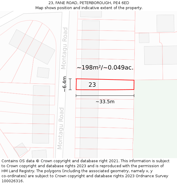 23, FANE ROAD, PETERBOROUGH, PE4 6ED: Plot and title map
