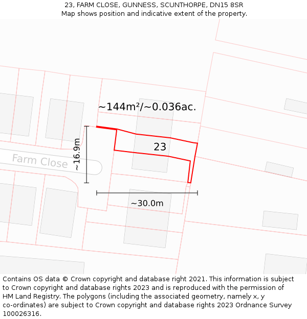 23, FARM CLOSE, GUNNESS, SCUNTHORPE, DN15 8SR: Plot and title map