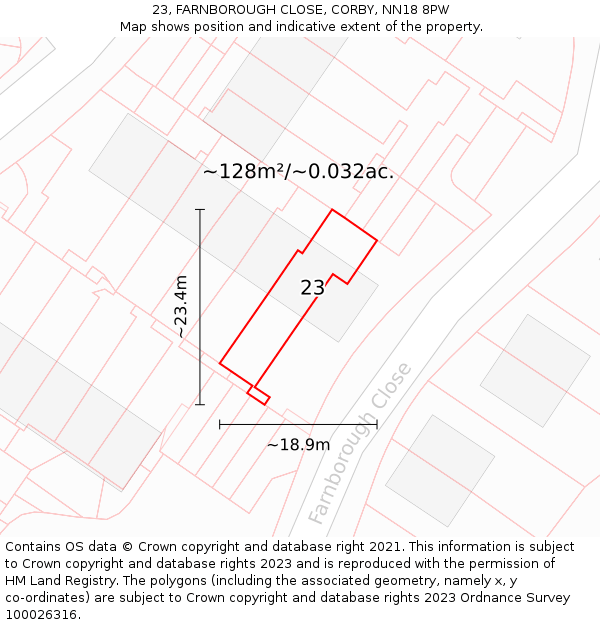 23, FARNBOROUGH CLOSE, CORBY, NN18 8PW: Plot and title map