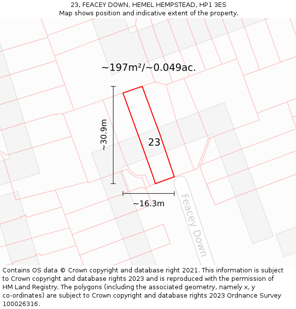 23, FEACEY DOWN, HEMEL HEMPSTEAD, HP1 3ES: Plot and title map