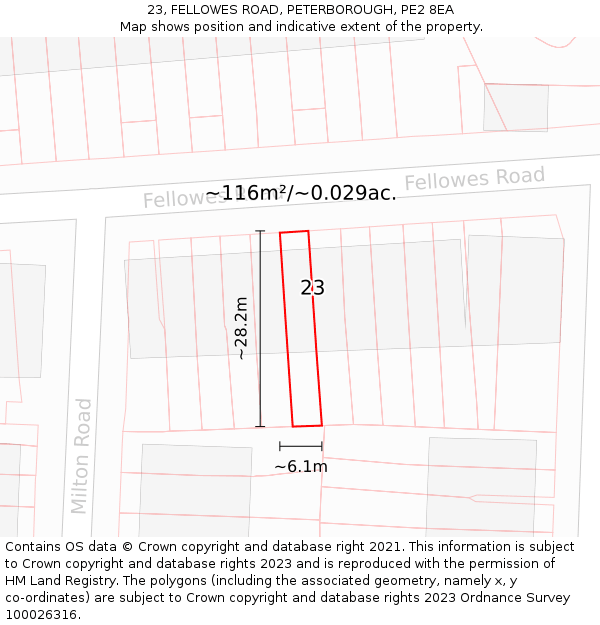 23, FELLOWES ROAD, PETERBOROUGH, PE2 8EA: Plot and title map