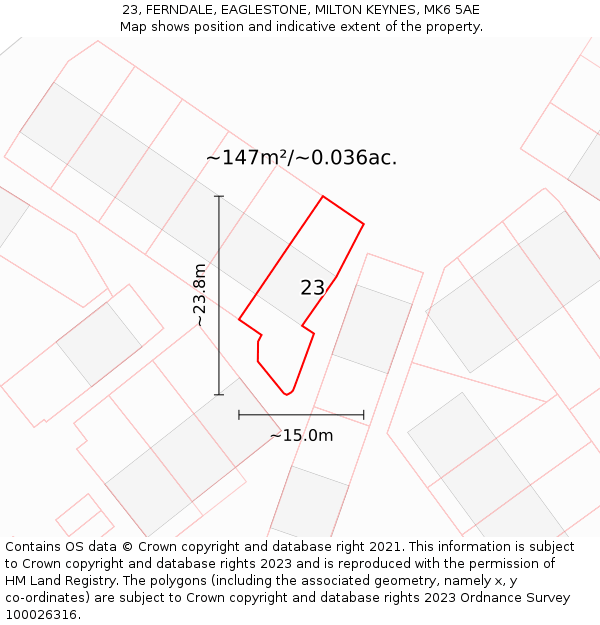 23, FERNDALE, EAGLESTONE, MILTON KEYNES, MK6 5AE: Plot and title map