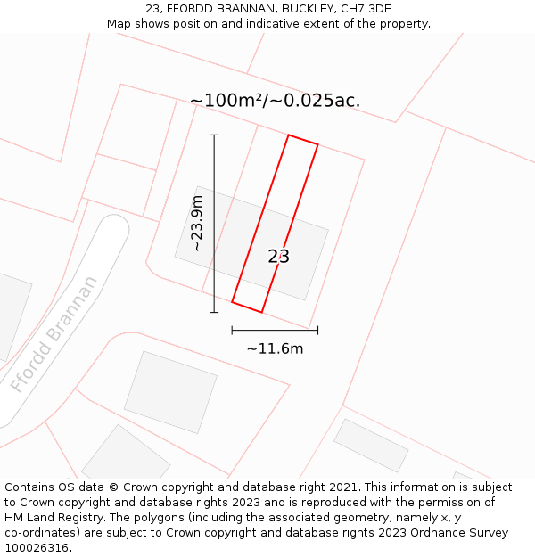 23, FFORDD BRANNAN, BUCKLEY, CH7 3DE: Plot and title map