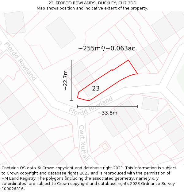 23, FFORDD ROWLANDS, BUCKLEY, CH7 3DD: Plot and title map