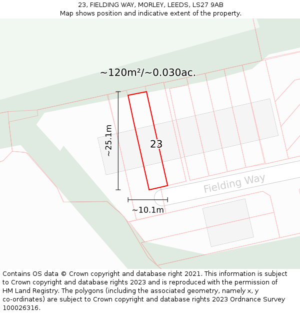 23, FIELDING WAY, MORLEY, LEEDS, LS27 9AB: Plot and title map