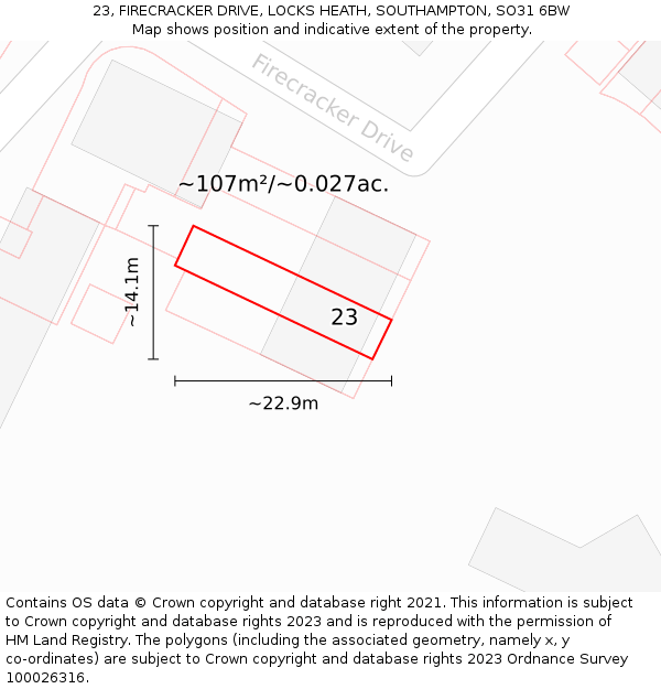 23, FIRECRACKER DRIVE, LOCKS HEATH, SOUTHAMPTON, SO31 6BW: Plot and title map