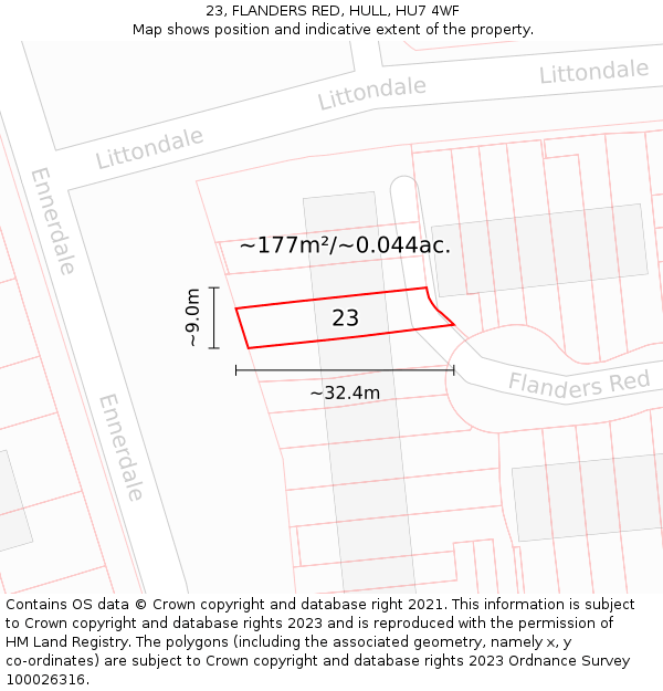 23, FLANDERS RED, HULL, HU7 4WF: Plot and title map
