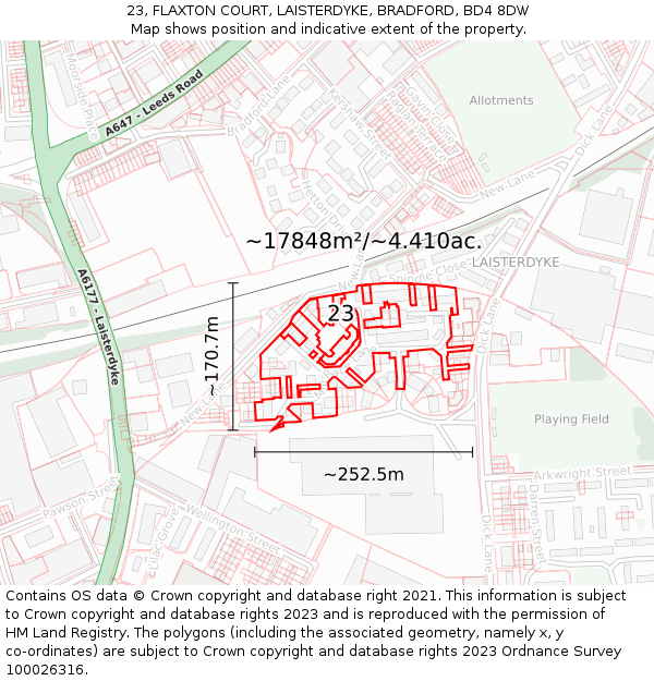 23, FLAXTON COURT, LAISTERDYKE, BRADFORD, BD4 8DW: Plot and title map