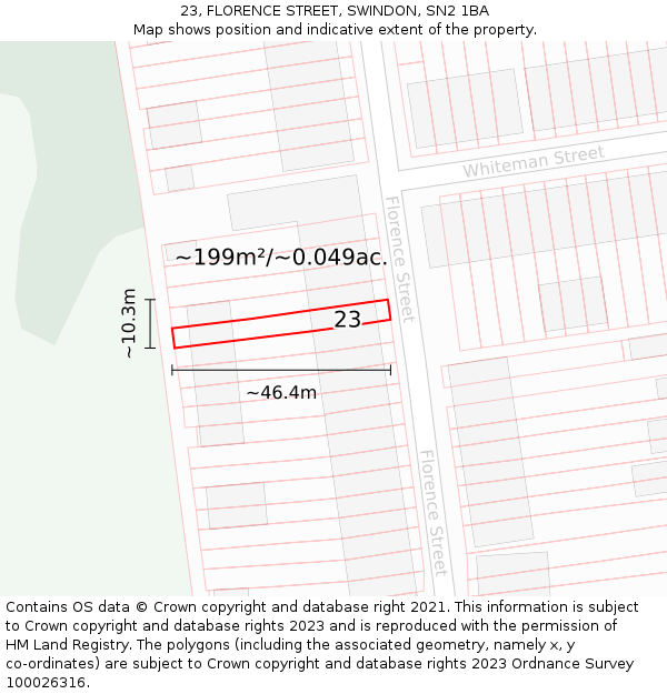 23, FLORENCE STREET, SWINDON, SN2 1BA: Plot and title map