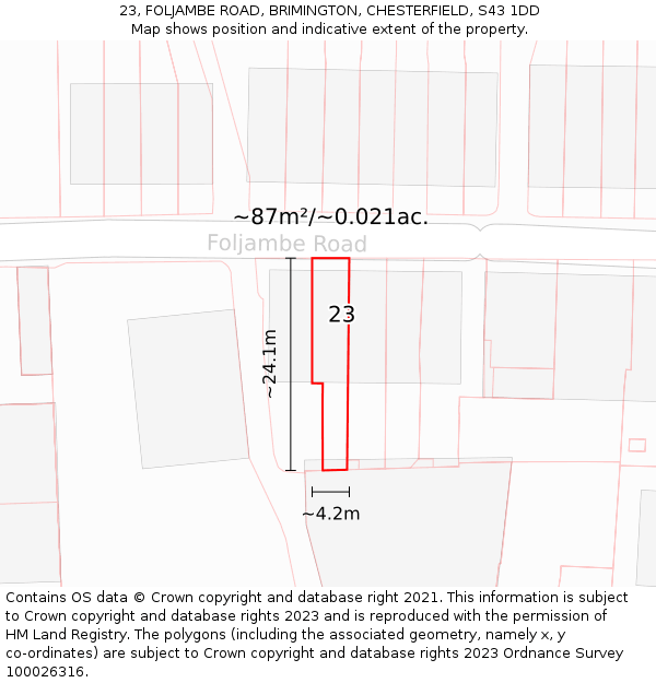 23, FOLJAMBE ROAD, BRIMINGTON, CHESTERFIELD, S43 1DD: Plot and title map