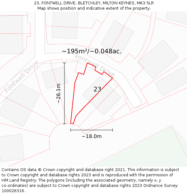 23, FONTWELL DRIVE, BLETCHLEY, MILTON KEYNES, MK3 5LR: Plot and title map