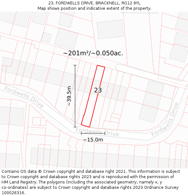 23, FORDWELLS DRIVE, BRACKNELL, RG12 9YL: Plot and title map