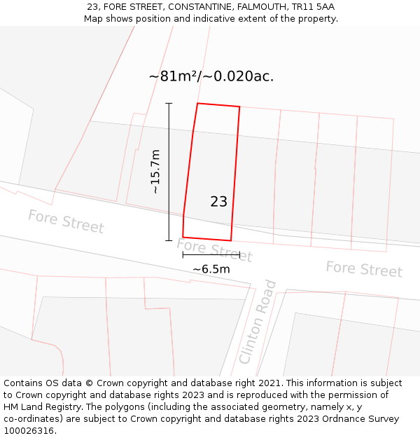 23, FORE STREET, CONSTANTINE, FALMOUTH, TR11 5AA: Plot and title map