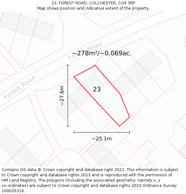 23, FOREST ROAD, COLCHESTER, CO4 3RP: Plot and title map