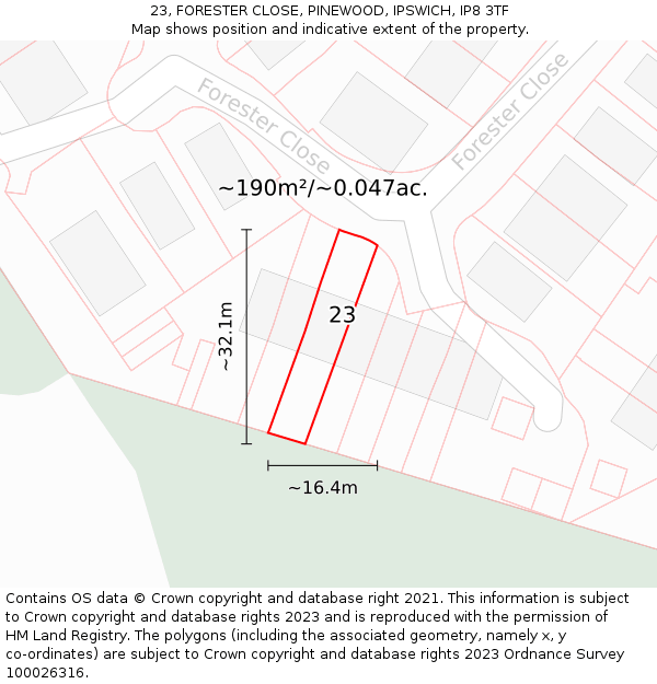 23, FORESTER CLOSE, PINEWOOD, IPSWICH, IP8 3TF: Plot and title map