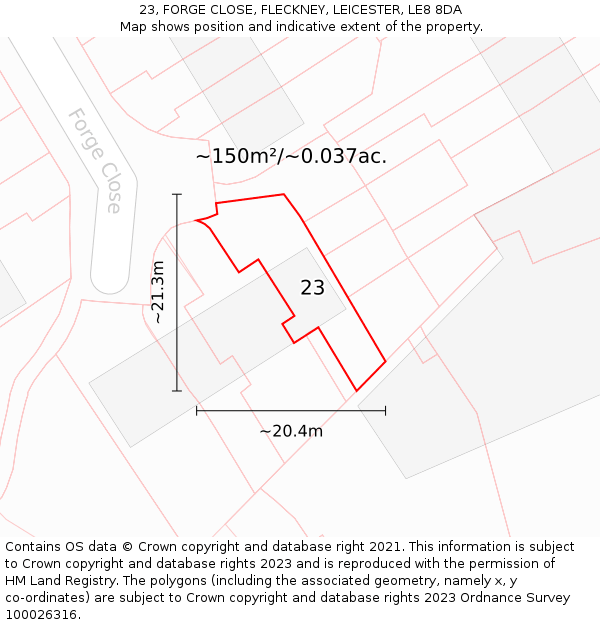 23, FORGE CLOSE, FLECKNEY, LEICESTER, LE8 8DA: Plot and title map