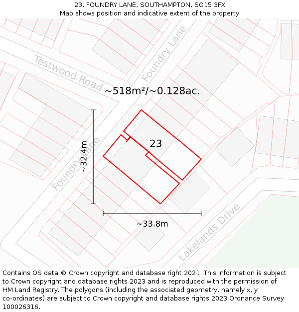 23, FOUNDRY LANE, SOUTHAMPTON, SO15 3FX: Plot and title map