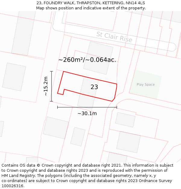 23, FOUNDRY WALK, THRAPSTON, KETTERING, NN14 4LS: Plot and title map