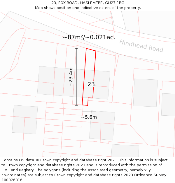 23, FOX ROAD, HASLEMERE, GU27 1RG: Plot and title map