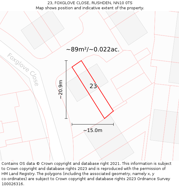23, FOXGLOVE CLOSE, RUSHDEN, NN10 0TS: Plot and title map