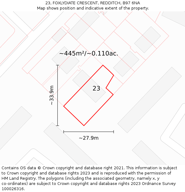 23, FOXLYDIATE CRESCENT, REDDITCH, B97 6NA: Plot and title map