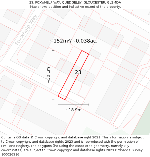 23, FOXWHELP WAY, QUEDGELEY, GLOUCESTER, GL2 4DA: Plot and title map