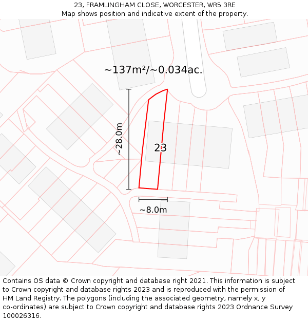 23, FRAMLINGHAM CLOSE, WORCESTER, WR5 3RE: Plot and title map