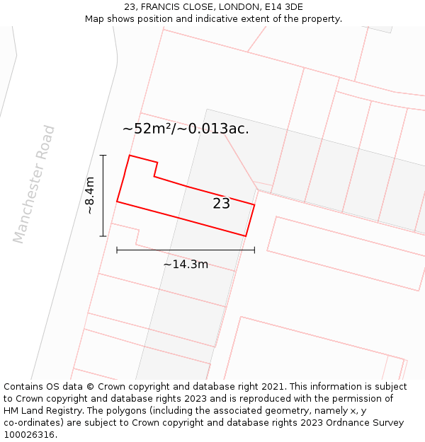 23, FRANCIS CLOSE, LONDON, E14 3DE: Plot and title map