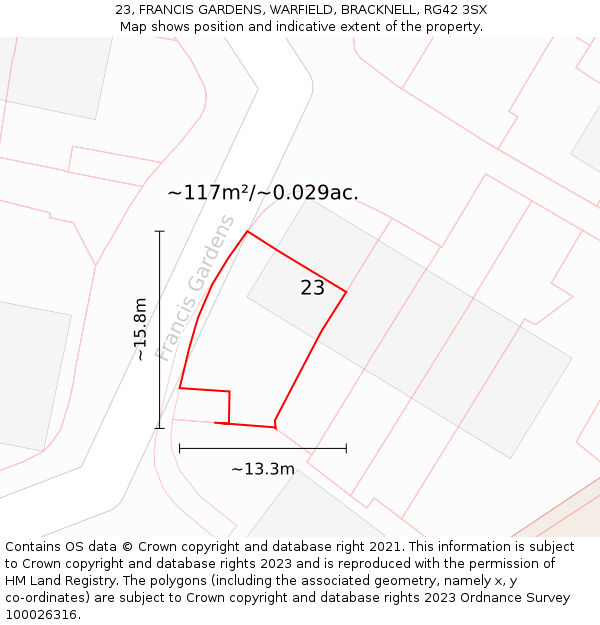 23, FRANCIS GARDENS, WARFIELD, BRACKNELL, RG42 3SX: Plot and title map