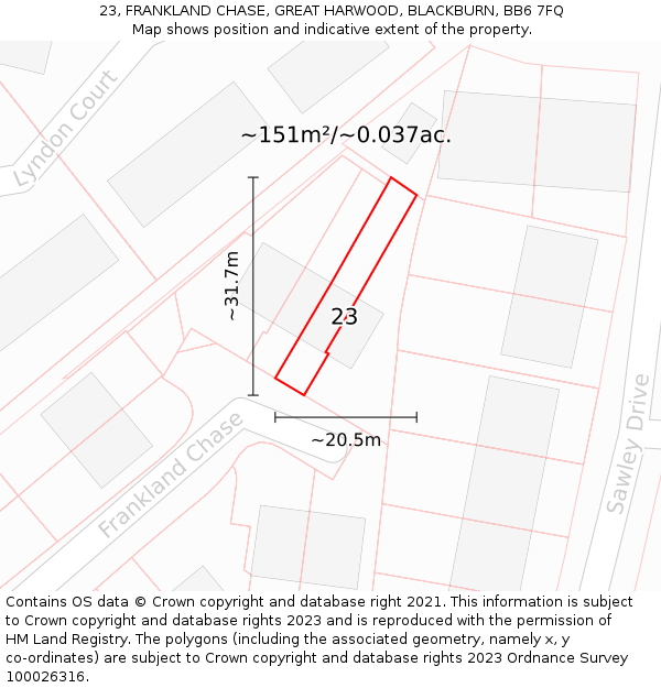 23, FRANKLAND CHASE, GREAT HARWOOD, BLACKBURN, BB6 7FQ: Plot and title map