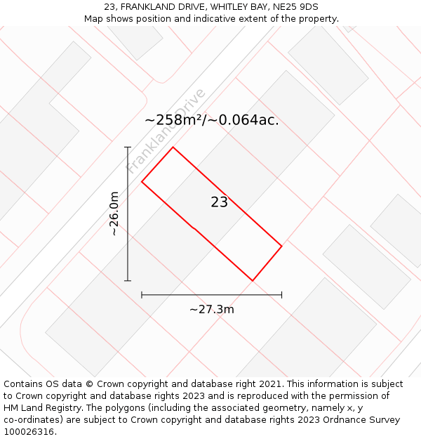 23, FRANKLAND DRIVE, WHITLEY BAY, NE25 9DS: Plot and title map