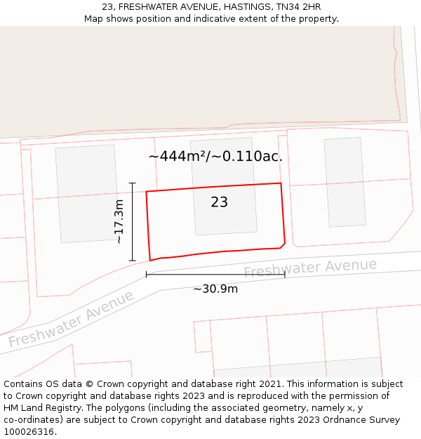 23, FRESHWATER AVENUE, HASTINGS, TN34 2HR: Plot and title map