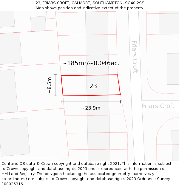 23, FRIARS CROFT, CALMORE, SOUTHAMPTON, SO40 2SS: Plot and title map