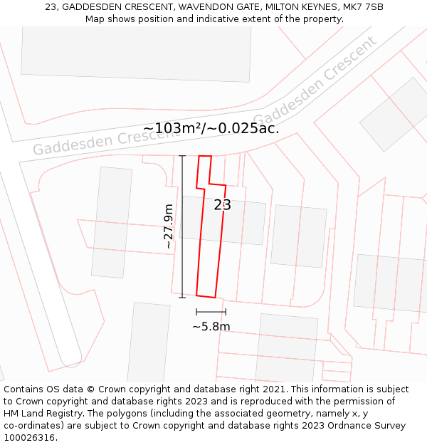 23, GADDESDEN CRESCENT, WAVENDON GATE, MILTON KEYNES, MK7 7SB: Plot and title map