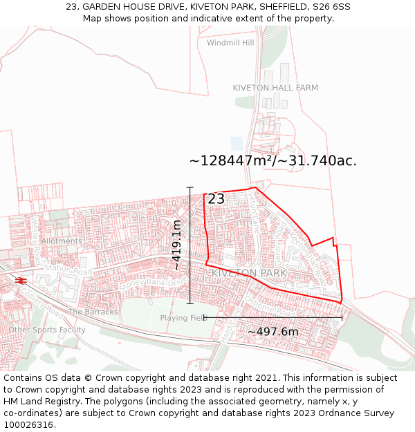 23, GARDEN HOUSE DRIVE, KIVETON PARK, SHEFFIELD, S26 6SS: Plot and title map