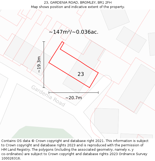 23, GARDENIA ROAD, BROMLEY, BR1 2FH: Plot and title map