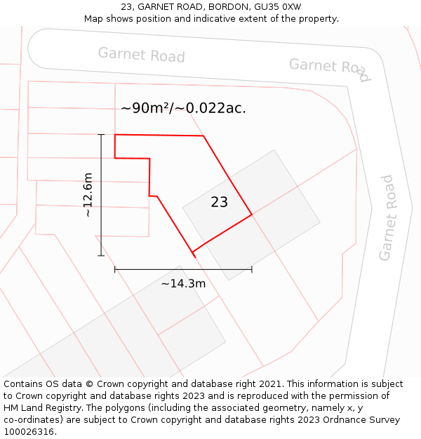 23, GARNET ROAD, BORDON, GU35 0XW: Plot and title map