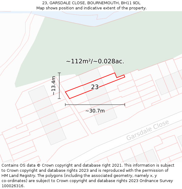 23, GARSDALE CLOSE, BOURNEMOUTH, BH11 9DL: Plot and title map