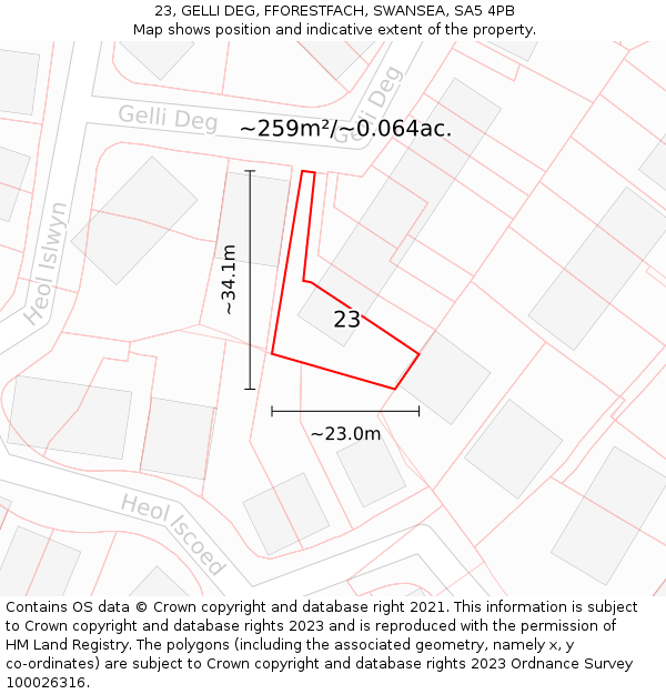 23, GELLI DEG, FFORESTFACH, SWANSEA, SA5 4PB: Plot and title map