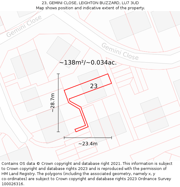 23, GEMINI CLOSE, LEIGHTON BUZZARD, LU7 3UD: Plot and title map