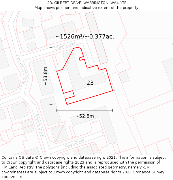 23, GILBERT DRIVE, WARRINGTON, WA4 1TF: Plot and title map