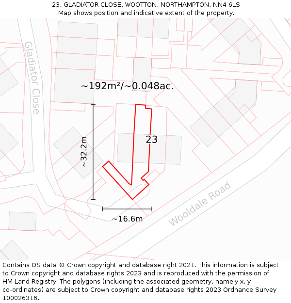 23, GLADIATOR CLOSE, WOOTTON, NORTHAMPTON, NN4 6LS: Plot and title map