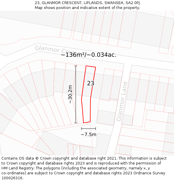 23, GLANMOR CRESCENT, UPLANDS, SWANSEA, SA2 0PJ: Plot and title map