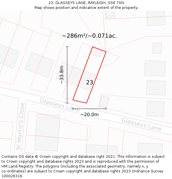 23, GLASSEYS LANE, RAYLEIGH, SS6 7SN: Plot and title map