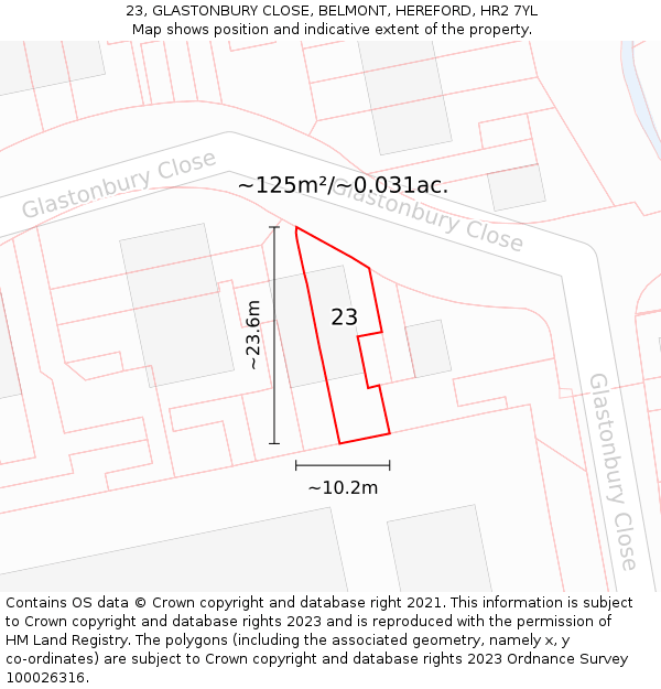 23, GLASTONBURY CLOSE, BELMONT, HEREFORD, HR2 7YL: Plot and title map