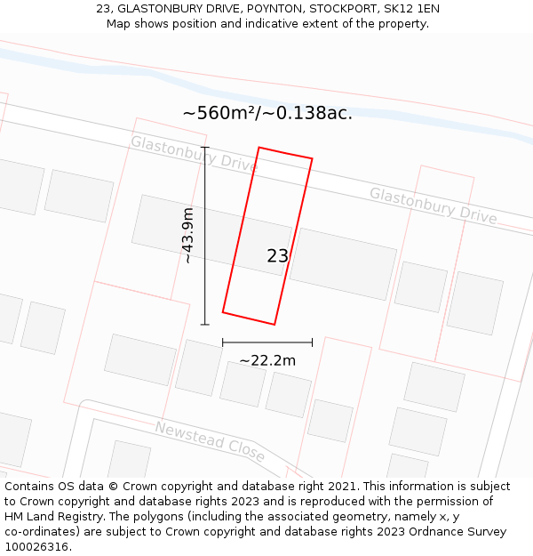 23, GLASTONBURY DRIVE, POYNTON, STOCKPORT, SK12 1EN: Plot and title map